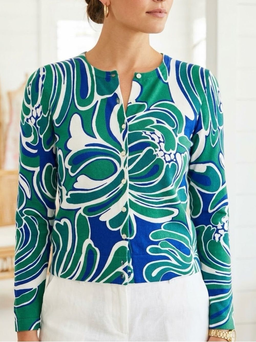 Lilly Pulitzer Cotton Cardigan M Green Blue Floral Preppy Bright Maximalism